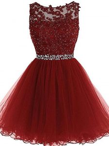 Unique Scoop Sleeveless Zipper Prom Evening Gown Burgundy Tulle