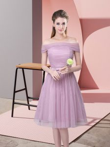 Sleeveless Tulle Knee Length Side Zipper Quinceanera Dama Dress in Lavender with Ruching and Belt