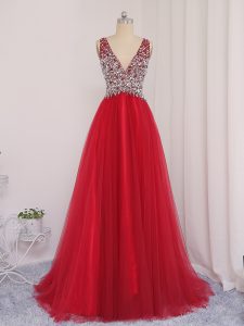 Fashionable V-neck Sleeveless Tulle Prom Dress Beading Brush Train Backless