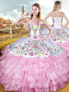 Exceptional Ball Gowns Quince Ball Gowns Rose Pink Sweetheart Organza and Taffeta Sleeveless Floor Length Lace Up