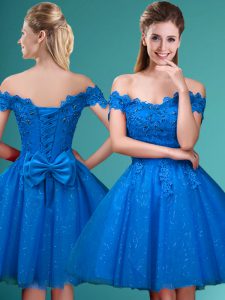 Blue Lace Up Off The Shoulder Lace and Belt Quinceanera Dama Dress Tulle Sleeveless