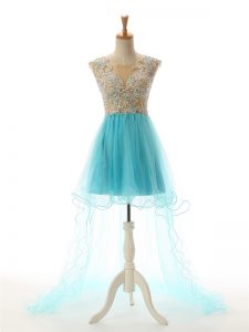 Sleeveless High Low Beading and Lace and Appliques Backless with Aqua Blue