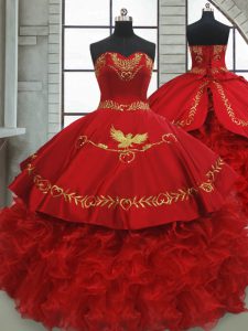 Pretty Wine Red Ball Gowns Satin and Organza Sweetheart Sleeveless Beading and Embroidery and Ruffles Lace Up Sweet 16 Dresses Brush Train