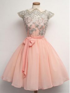 Peach Zipper Vestidos de Damas Lace and Belt Cap Sleeves Knee Length