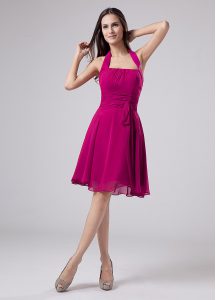 Knee Length Fuchsia Dress for Prom Chiffon Sleeveless Ruching