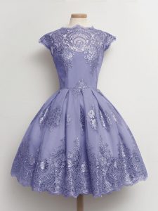 Extravagant Lavender A-line Lace Quinceanera Dama Dress Lace Up Tulle Cap Sleeves Knee Length