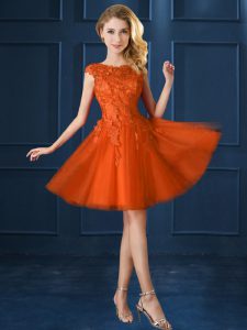 Enchanting Orange Red A-line Lace and Belt Quinceanera Dama Dress Lace Up Tulle Cap Sleeves Knee Length