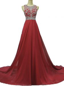 Customized Burgundy Column/Sheath Chiffon Scoop Sleeveless Beading Backless Brush Train