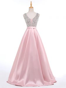 Luxurious Baby Pink Prom and Military Ball with Beading V-neck Sleeveless Brush Train Backless