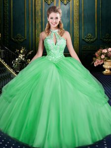Stunning Floor Length Lace Up Quince Ball Gowns Green for Military Ball and Sweet 16 and Quinceanera with Beading and Pick Ups