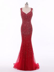 Red Mermaid Tulle Straps Sleeveless Beading Floor Length Zipper Prom Evening Gown