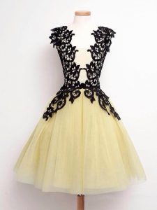 Enchanting Gold Quinceanera Court of Honor Dress Prom and Party and Wedding Party with Lace Straps Sleeveless Lace Up