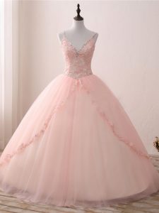 Floor Length Lace Up Quinceanera Dresses Pink for Sweet 16 and Quinceanera with Beading and Appliques