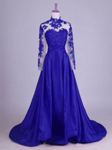 Royal Blue High-neck Lace Up Lace and Appliques Evening Dress Brush Train Sleeveless