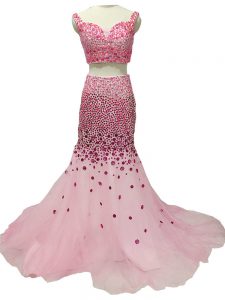 Baby Pink Zipper Straps Beading Prom Dresses Tulle Sleeveless Brush Train
