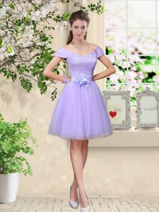 Lilac V-neck Lace Up Lace and Belt Quinceanera Dama Dress Cap Sleeves