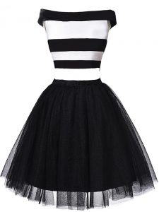 Clearance White And Black Off The Shoulder Neckline Ruching Prom Party Dress Sleeveless Zipper