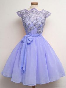 A-line Court Dresses for Sweet 16 Lavender Scalloped Chiffon Cap Sleeves Knee Length Lace Up
