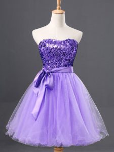 Artistic Lavender A-line Sweetheart Sleeveless Tulle Mini Length Zipper Sequins Prom Dress