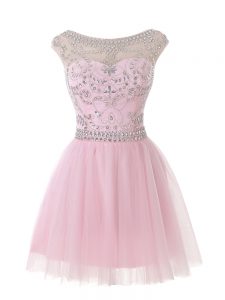 Baby Pink Zipper Dress for Prom Beading Sleeveless Mini Length