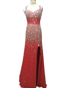 Cheap Burgundy Sleeveless Chiffon Brush Train Backless Prom Dresses for Prom and Party and Military Ball and Sweet 16
