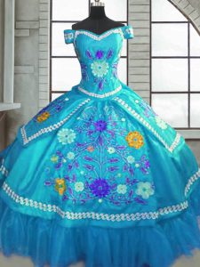 Teal Sweetheart Lace Up Beading and Embroidery Vestidos de Quinceanera Short Sleeves