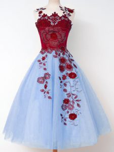 Knee Length Lace Up Quinceanera Court Dresses Blue for Prom and Party and Wedding Party with Appliques