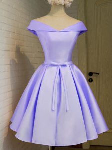 Simple Lavender Taffeta Lace Up Off The Shoulder Cap Sleeves Knee Length Dama Dress for Quinceanera Belt