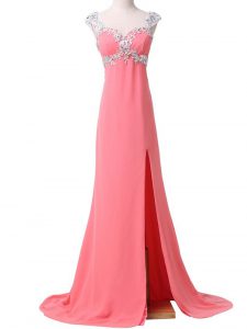 Cap Sleeves Brush Train Beading and Appliques Zipper Prom Party Dress