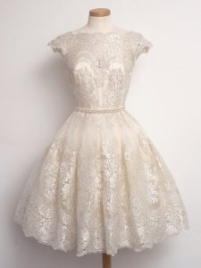 Fantastic Champagne Lace Up Scalloped Lace Dama Dress for Quinceanera Lace Cap Sleeves
