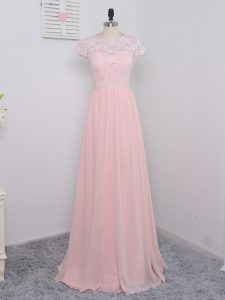 Exceptional Floor Length Zipper Dama Dress Baby Pink for Prom and Party and Wedding Party with Lace