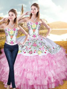 Organza and Taffeta Sweetheart Sleeveless Lace Up Embroidery and Ruffled Layers Quinceanera Gown in Rose Pink