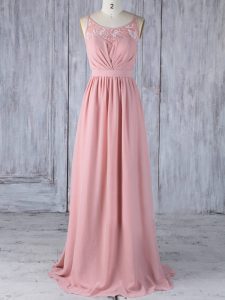 Fantastic Floor Length Criss Cross Vestidos de Damas Pink for Prom and Party and Wedding Party with Appliques