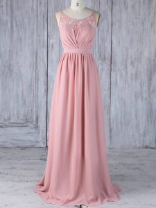 Fantastic Floor Length Criss Cross Vestidos de Damas Pink for Prom and Party and Wedding Party with Appliques