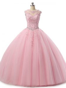 Graceful Scoop Sleeveless Lace Up Quinceanera Dresses Baby Pink Tulle