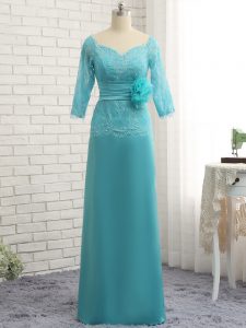 Classical Aqua Blue Chiffon Zipper Sweetheart Long Sleeves Floor Length Homecoming Dress Lace and Appliques and Ruching and Hand Made Flower