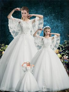 White Quince Ball Gowns Wedding Party with Lace Scoop Half Sleeves Lace Up
