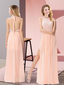 Stunning Floor Length Peach Dress for Prom Chiffon Sleeveless Sequins