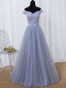 Lavender A-line Off The Shoulder Sleeveless Tulle Floor Length Lace Up Ruching and Belt Prom Evening Gown