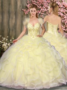 Light Yellow Sleeveless Floor Length Beading and Ruffles Lace Up Quinceanera Gowns