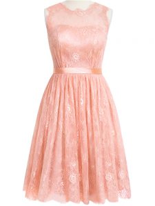 Elegant Peach Zipper Vestidos de Damas Lace Sleeveless Knee Length