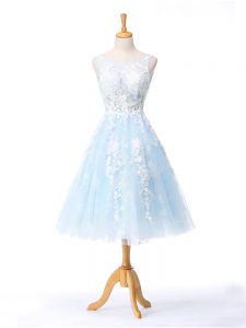 Edgy Knee Length Light Blue Quinceanera Court Dresses Tulle Sleeveless Appliques