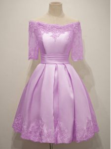 High End Lilac Half Sleeves Taffeta Lace Up Vestidos de Damas for Prom and Party and Wedding Party