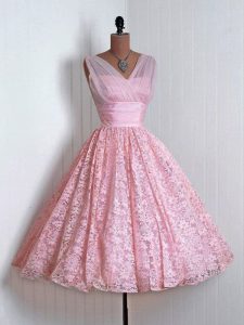 Baby Pink A-line Lace Quinceanera Court of Honor Dress Lace Up Lace Sleeveless Mini Length