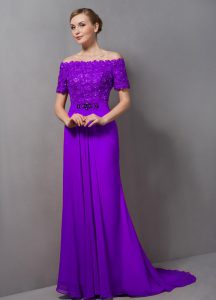 Comfortable Eggplant Purple Homecoming Dress Prom and Party with Lace Off The Shoulder Short Sleeves Sweep Train Zipper
