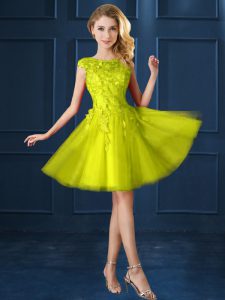 Yellow Bateau Neckline Lace and Appliques Dama Dress for Quinceanera Cap Sleeves Lace Up
