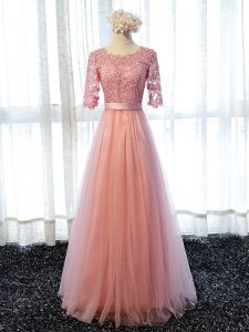 Classical Pink Lace Up Scoop Lace Quinceanera Dama Dress Tulle Half Sleeves