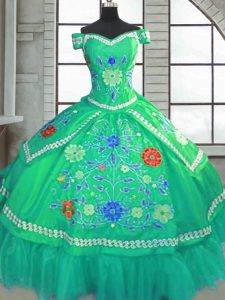 Fitting Green Sweetheart Lace Up Beading and Embroidery Sweet 16 Quinceanera Dress Short Sleeves