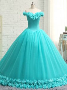 Customized Aqua Blue Sleeveless Tulle Court Train Lace Up 15 Quinceanera Dress for Military Ball and Sweet 16 and Quinceanera