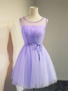 Traditional Lavender Empire Scoop Sleeveless Tulle Knee Length Lace Up Belt Dama Dress for Quinceanera